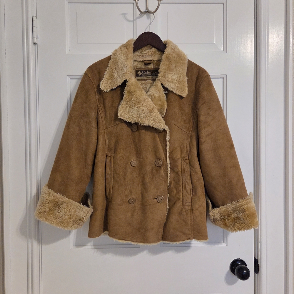 Columbia Women's Suede Tan Shearling Faux Fur Cowgirl Coat Jacket